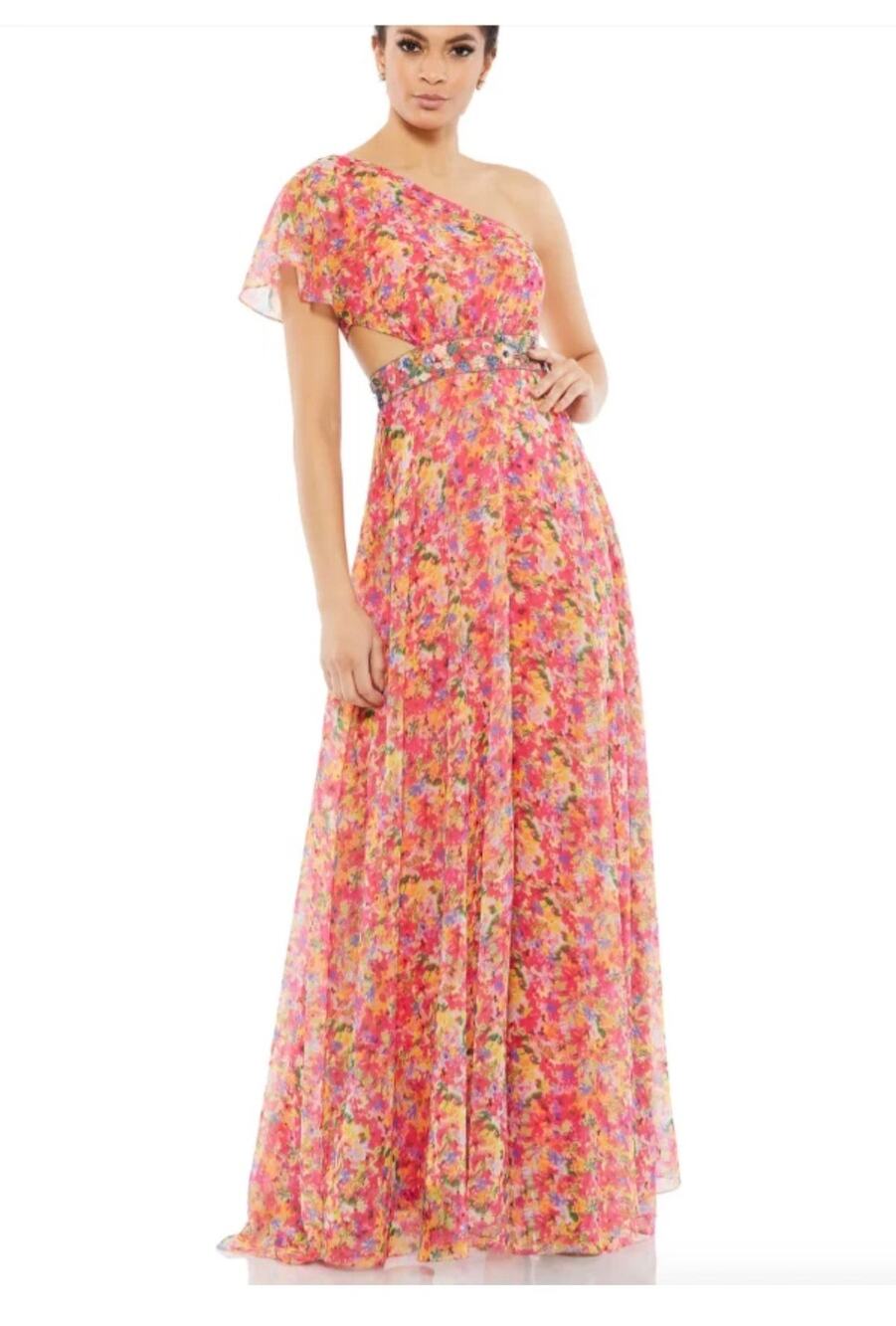 Mac Duggal 9157 Pink Floral Print Beaded Waist One Shoulder Cut Out Gown Size 6